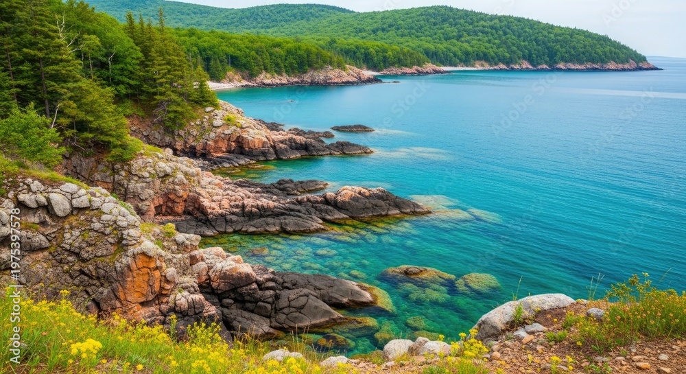 Fototapeta premium Scenic coastal view of turquoise waters and rocky shoreline in lush landscape