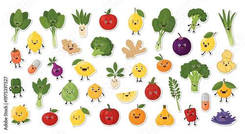 A collection of cute cartoon fruits and vegetables with faces, including lemons, tomatoes, broccoli, and leafy greens, promoting healthy eating.