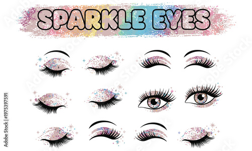 Eyes sparkle with colorful makeup designs and long eyelashes on faces