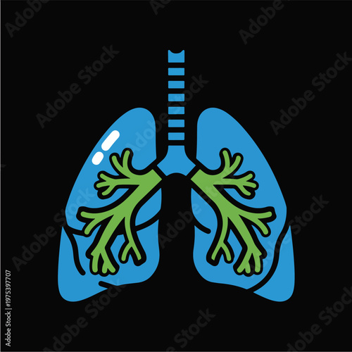 Blue Human Lungs With Green Bronchi Flat Vector Icon Isolated On Black