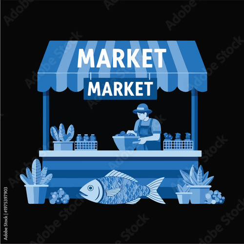 Blue Monochrome Pixel Art Fish Market Stall With Vendor On Black Background