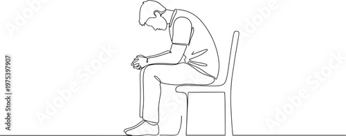 Minimalist line drawing of seated person leaning forward with clasped hands, bowed head, reflective and introspective posture