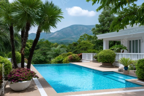 Luxury villa with swimming pool overlooking mountains and tropical nature