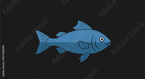 Blue Pixel Art Fish Isolated On Dark Background Retro Game Sprite