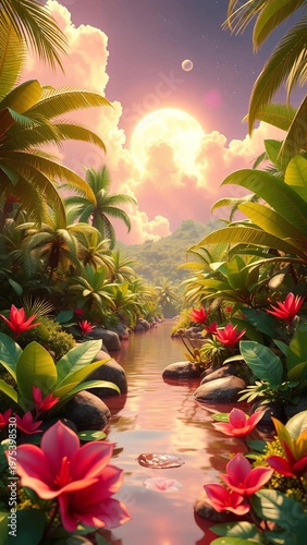 Magical Tropical River Landscape with Radiant Sun, Palm Trees, and Red Flowers