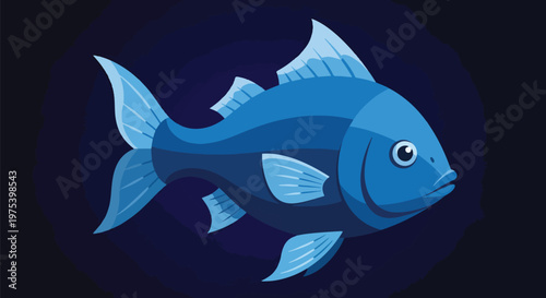 Blue Pixel Art Fish Swimming In Dark Ocean Background Minimal Illustration