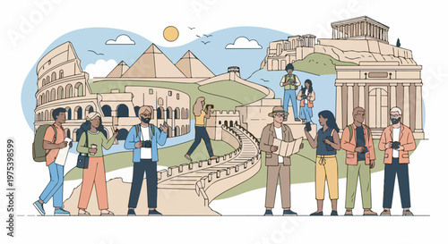 A diverse group of travelers exploring famous world landmarks like the Colosseum, Pyramids, Great Wall, and Parthenon under a sunny sky.