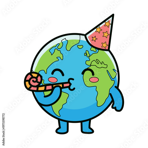 happy earth blowing party horn