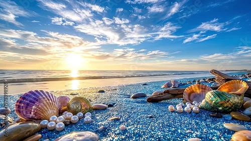 Colorful shells, scattered pearls, smooth pebbles, and driftwood line the wet sandy shoreline during a golden sunset.