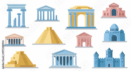 A collection of diverse historical architectural landmarks and ancient structures, including temples, pyramids, arches, and castles, depicted in a flat design style.