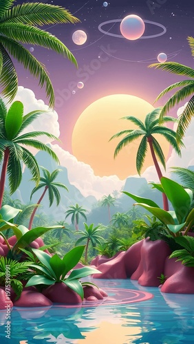 Vibrant Tropical Fantasy Landscape with Exotic Plants and Cosmic Sunset Sky