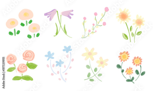 春の花々のアソートセット、手描き水彩風の優しいパステルカラーのベクターイラスト