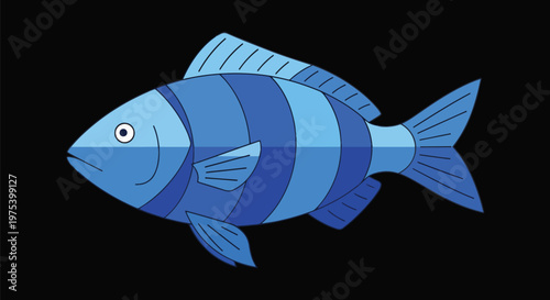 Blue Striped Flat Design Fish Illustration Isolated On Black Background