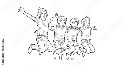 Four Children Jumping Joyfully Together in a Line.