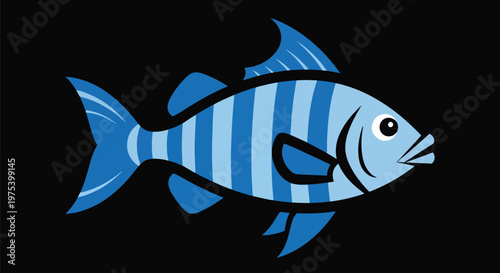 Blue Striped Fish Flat Design Illustration On Black Background