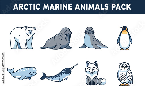 Arctic marine animals pack with cute illustrations of polar bear, walrus, seal, penguin, whale, narwhal, fox, and owl