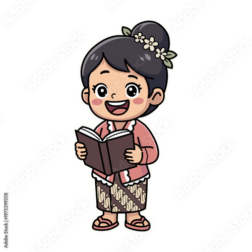 Cute Indonesian Girl Reading Book in Pink Kebaya Sticker