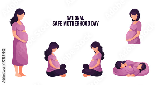 A vector illustration showcases several pregnant women in various poses to promote safe motherhood awareness, presented in a clean, modern style with soft, pastel colors against a bright