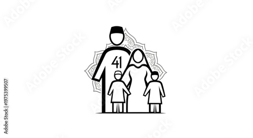 Family portrait with parents and children, black and white illustration.
