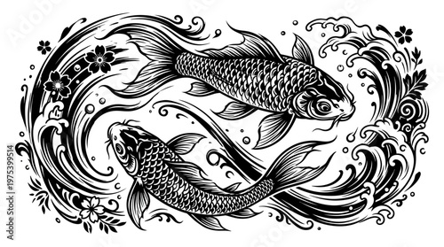 Black and white koi fish illustration.
