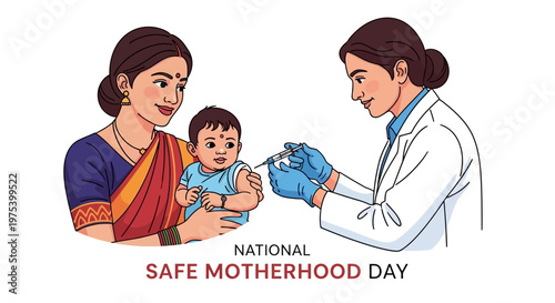On National Safe Motherhood Day, a caring doctor in a white coat administers a vaccination to a baby held by its mother, emphasizing maternal healthcare, pregnancy care, and women's health