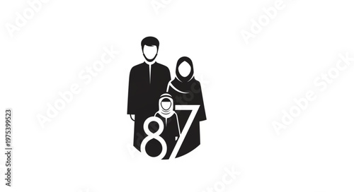 Family portrait with the number 87, representing a family of three.