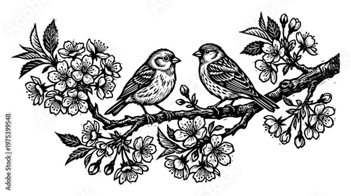 Two Birds Sitting on Branch Together.