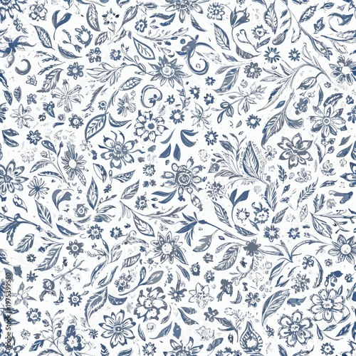 Delicate blue and white floral pattern covering a seamless background