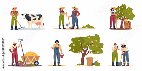 Diverse farmers tending to crops and livestock on a vibrant farm