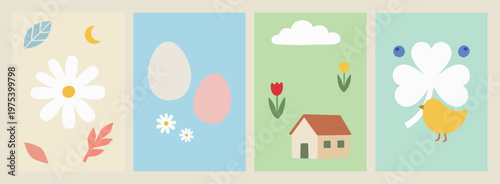 Easter egg hunt illustration, spring season cottage, pastel nature landscape, minimal house vector, floral meadow background, seasonal holiday graphics, cute outdoor scenery