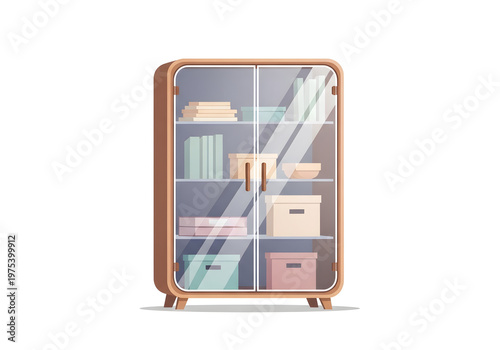 Modern Wooden Cabinet with Glass Doors and Organized Storage. Stylish piece of furniture for home interior showcasing books, decorative items, and neatly arranged boxes, ideal for minimalist design