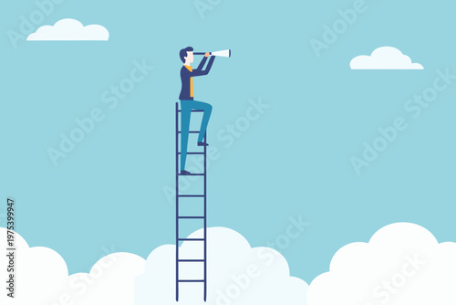 Man climbs a tall ladder looking through a telescope at the clouds