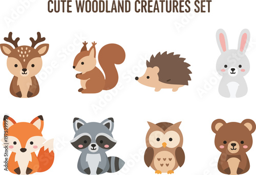 Charming Woodland Creatures Set Featuring Cute Animals like Deer, Fox, Squirrel, and Owl
