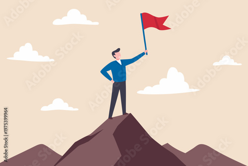 A man stands triumphantly atop a mountain waving a red flag