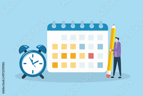 Planning and scheduling concept with a calendar clock and person