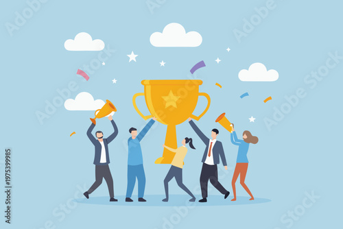 Team celebrates a victory with a golden trophy and joyful fanfare