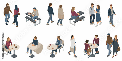 Isometric illustration depicting diverse people interacting in a public space