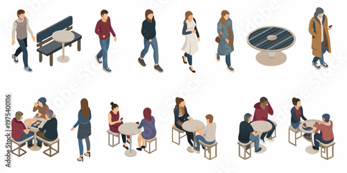 Isometric illustration depicting diverse people walking and seated in a public space