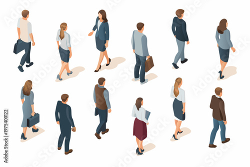 Isometric illustration depicting a diverse group of people walking and commuting
