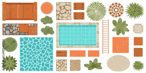 Aerial view of a colorful garden and pool landscape elements