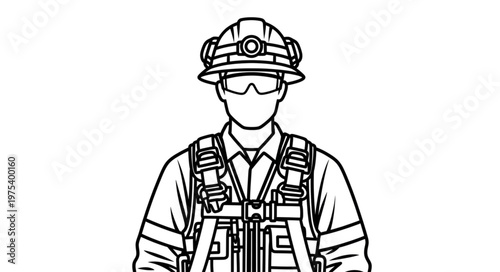 Firefighter in safety gear and helmet, ready for action, line art illustration.