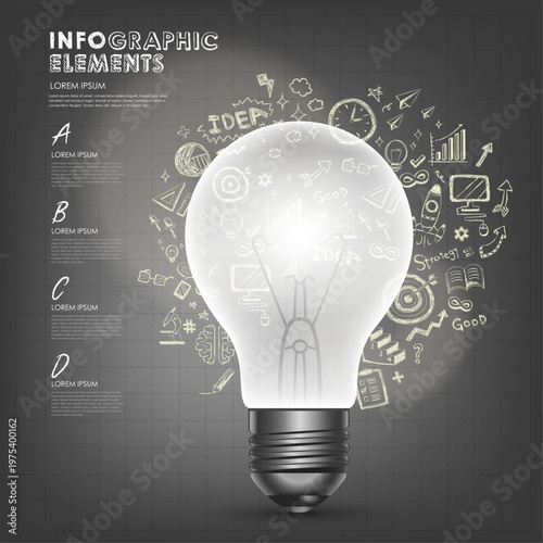 Business Innovation and Idea Infographic Elements. Professional Vector Template with 3D Glowing Lightbulb and Creative Hand-Drawn Doodles on Chalkboard.