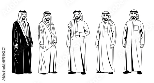 Five men in traditional Arab clothing standing in a row.