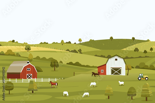 Peaceful countryside scene featuring a red barn rolling hills and farm animals
