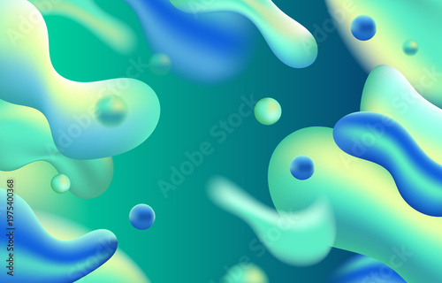 Abstract colorful liquid shapes and bubbles on green background