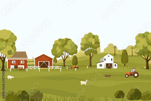 A charming countryside farm scene with buildings trees and grazing animals