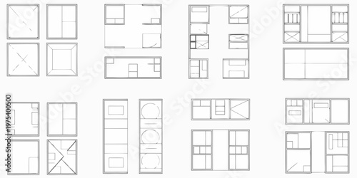 Architectural floor plans of various rooms and small structures
