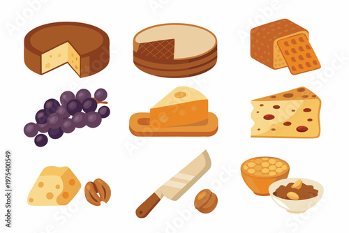 An assortment of cheeses grapes nuts and accompaniments is displayed