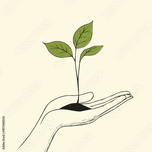 A hand gently cradles a small green plant growing from fertile soil, symbolizing growth and care for nature.