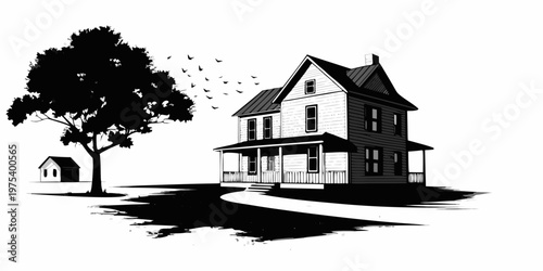 A stark black and white illustration of a classic victorian house and trees